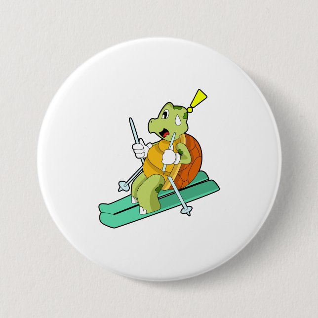 Turtle as Skier with Ski 7.5 Cm Round Badge (Front)