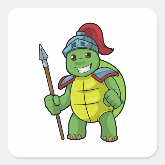 Turtle as Warrior with Spear & Helmet Square Sticker (Front)