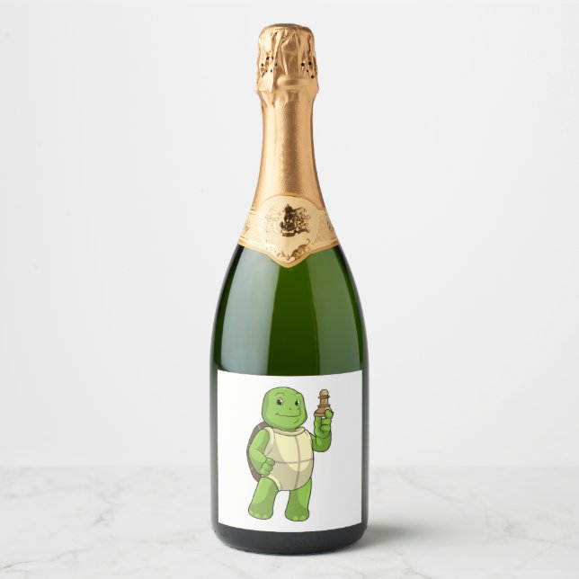 Turtle At Chess With Chess Piece Pawn Sparkling Wine Label (Front)