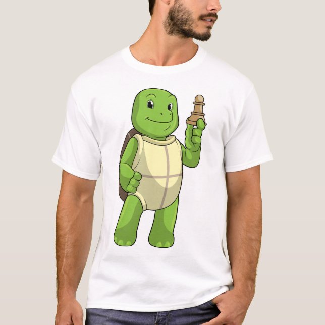 Turtle At Chess With Chess Piece Pawn T-Shirt (Front)