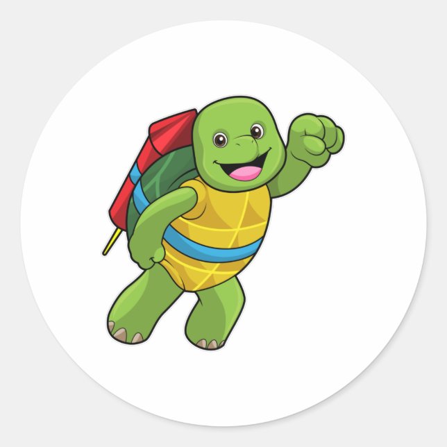 Turtle at Flying with Rocket Classic Round Sticker (Front)
