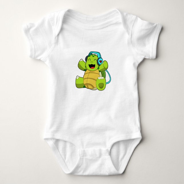 Turtle at Music with Headphone Baby Bodysuit (Front)