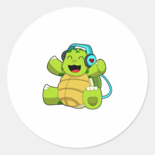 Turtle at Music with Headphone Classic Round Sticker