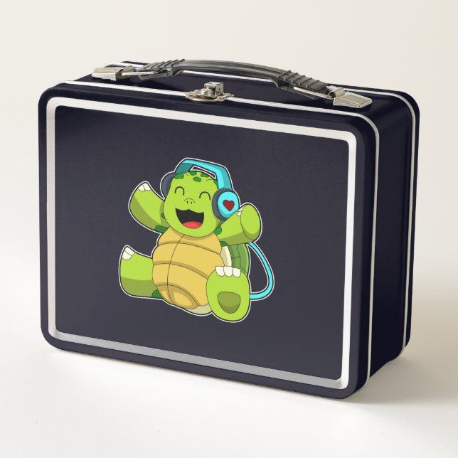 Turtle at Music with Headphone Metal Lunch Box (Front)