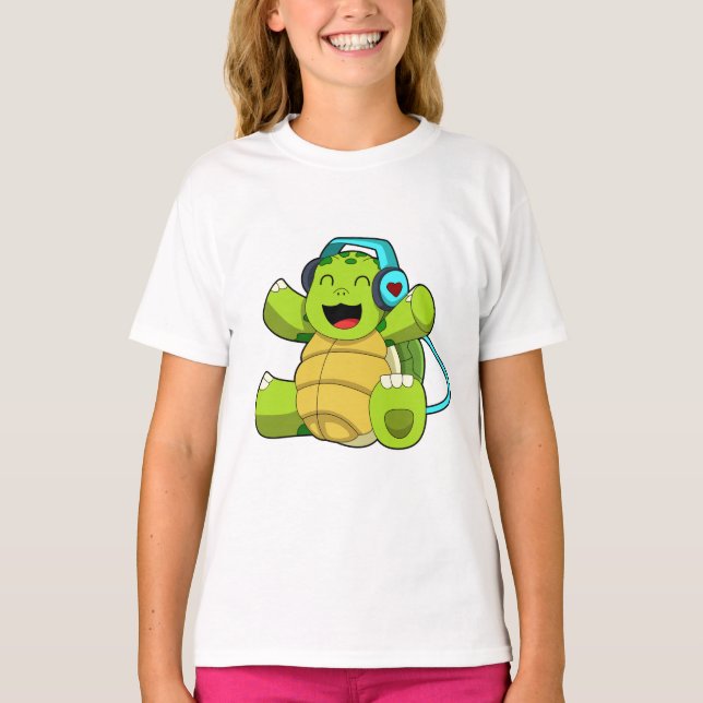 Turtle at Music with Headphone T-Shirt (Front)