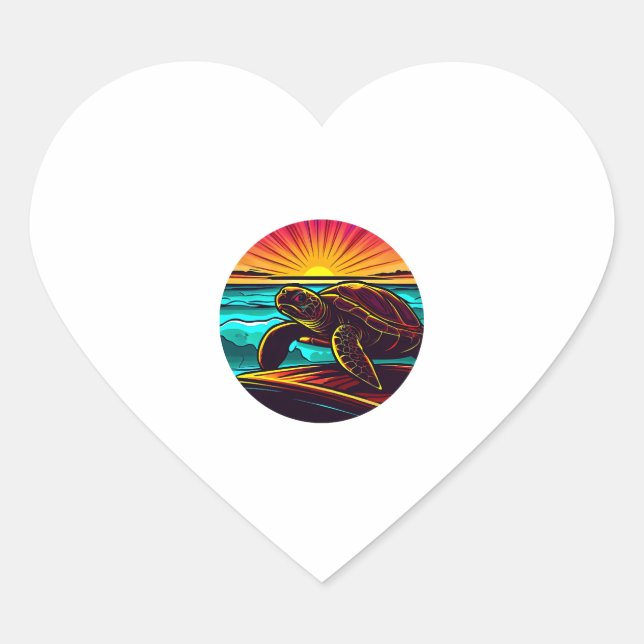 Turtle at Sunset, Inspiring Nature Design Heart Sticker (Front)