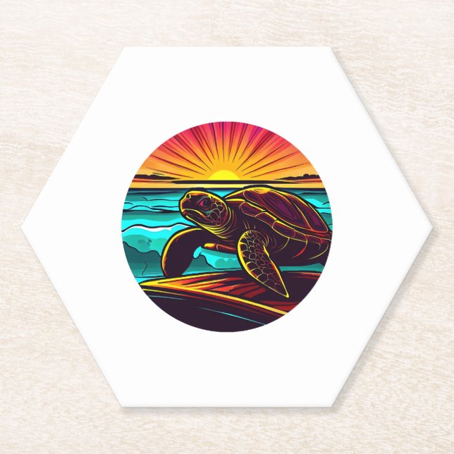 Turtle at Sunset, Inspiring Nature Design Paper Coaster (Front)