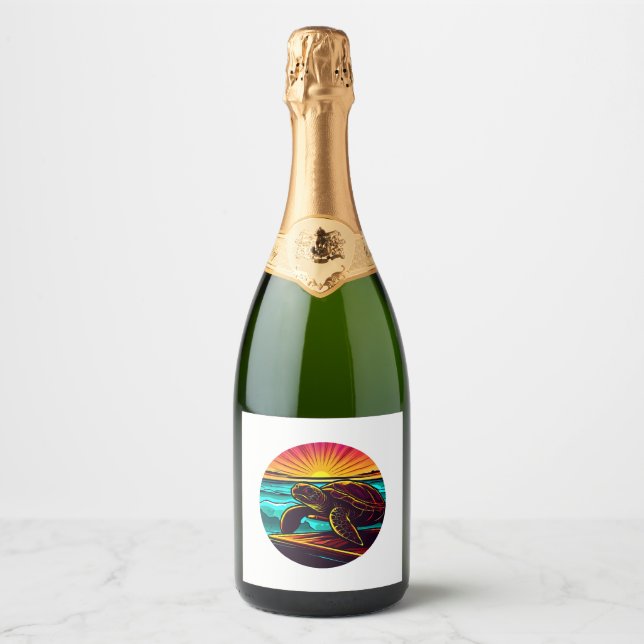 Turtle at Sunset, Inspiring Nature Design Sparkling Wine Label (Front)