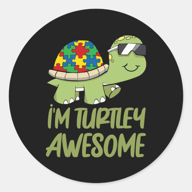 Turtle Awesome Autism Awareness Puzzle Piece  Classic Round Sticker (Front)
