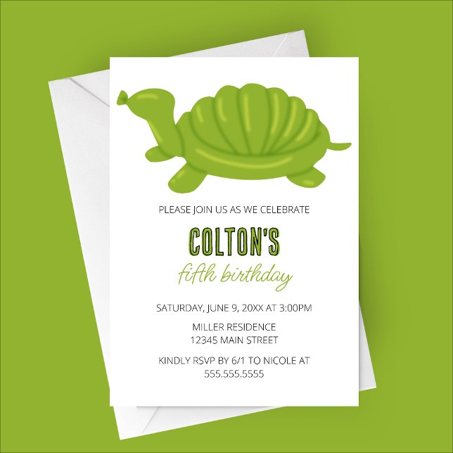 Turtle Balloon Animal Birthday Party Invitation (Green Turtle Balloon Animal Birthday Party Invitation)