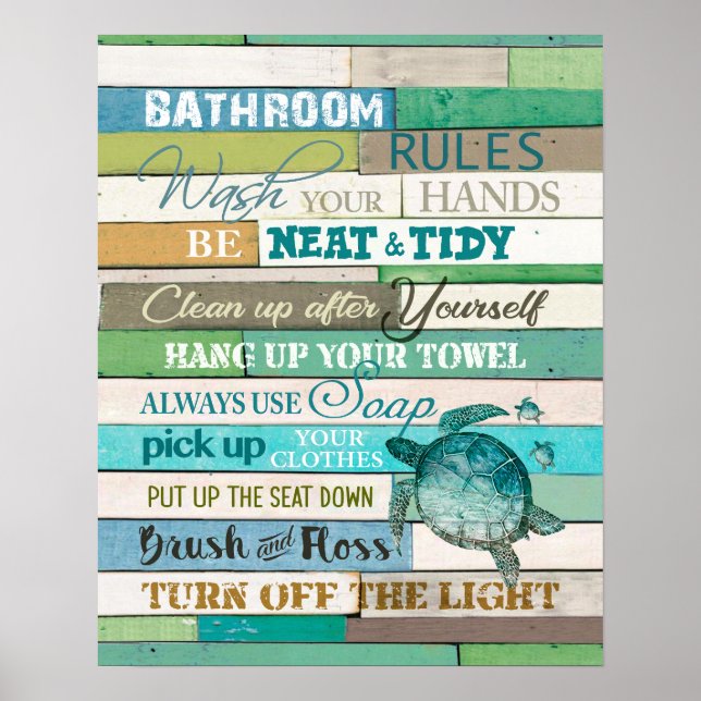 Turtle Bathroom Rules Inspirational & Motivational Poster (Front)