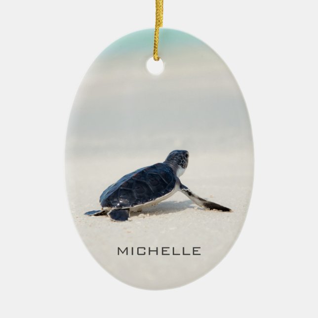 Turtle Beach Journey Personalised Name | Nature Ceramic Tree Decoration (Front)