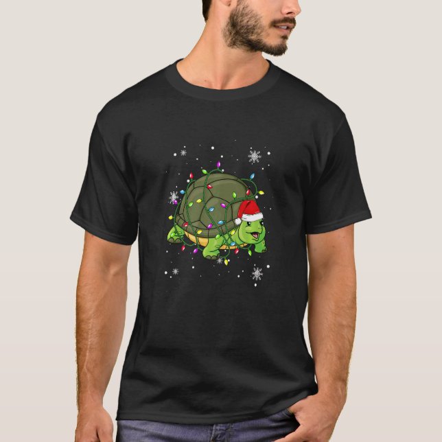 Turtle Christmas Lights Led  Santa Hat Christmas T-Shirt (Front)