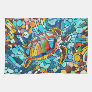 Turtle Colorful  mosaic art Tea Towel