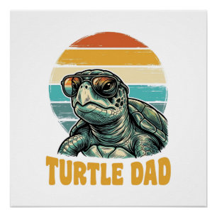 Turtle Dad Retro Sunset Vintage Engraving Vector D Poster