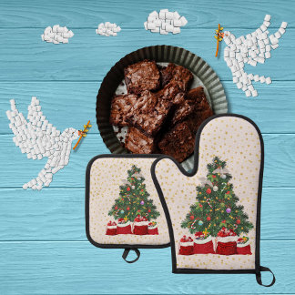Turtle doves in Christmas background grey Oven Mitt & Pot Holder Set