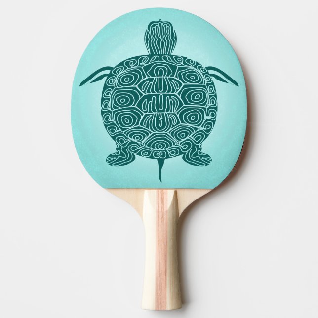Turtle Drawing Blue Green on Aqua Ping Pong Paddle (Front)