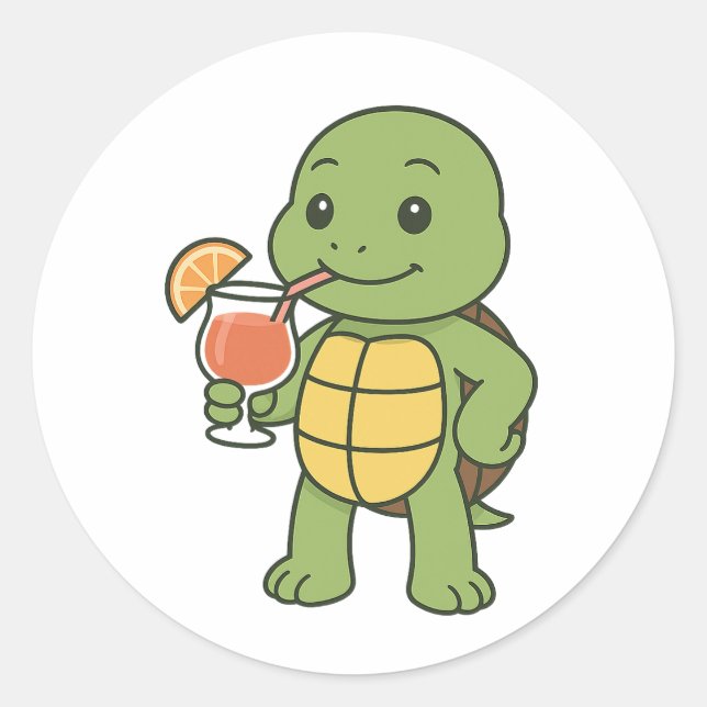 Turtle drinking cocktail  classic round sticker (Front)