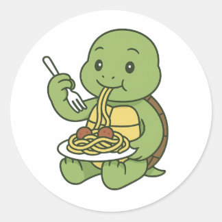 Turtle eating spaghetti classic round sticker