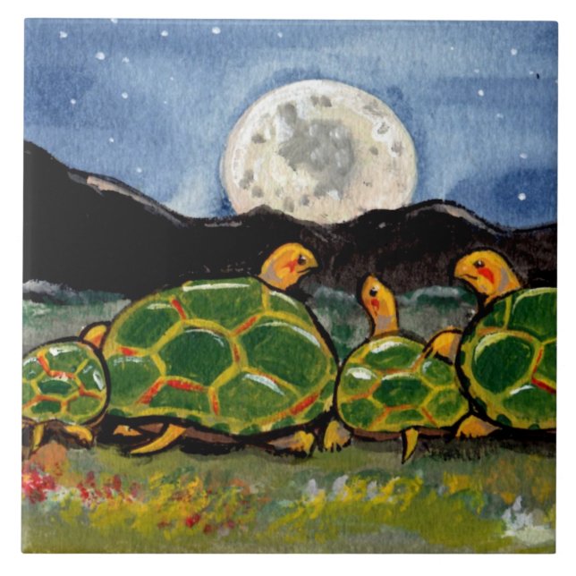 Turtle Family and Moon Night Scene 6" Tile Trivet (Front)