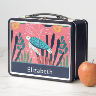 Turtle Ferns Ocean Sea Pink Child Kids Personalise Metal Lunch Box