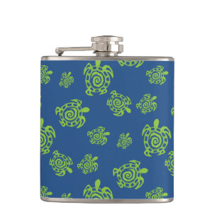 Turtle Green and Blue Print Hip Flask