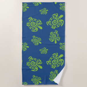 Turtle Green on Blue field Beach Towel
