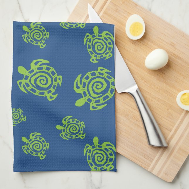 Turtle Green on Blue Tea Towel (Quarter Fold)