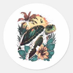 Turtle Hawaiian Sea Turtles Hibiscus Flower Classic Round Sticker
