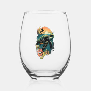 Turtle Hawaiian Sea Turtles Hibiscus Flower Copy C Stemless Wine Glass