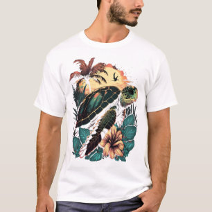 Turtle Hawaiian Sea Turtles Hibiscus Flower Copy T-Shirt