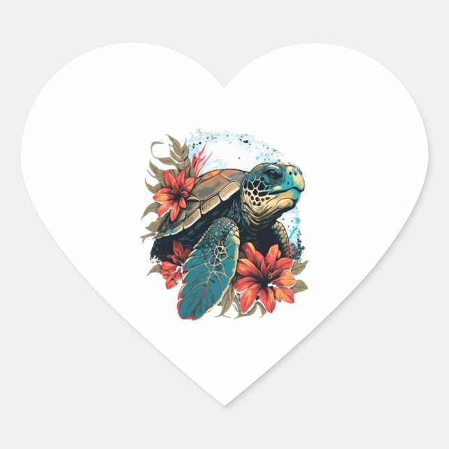 Turtle Hawaiian Sea Turtles Hibiscus Flower Heart Sticker (Front)