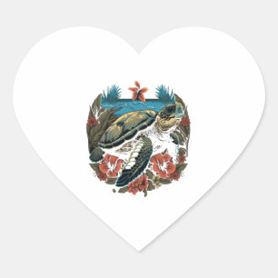 Turtle Hawaiian Sea Turtles Hibiscus Flower Heart Sticker