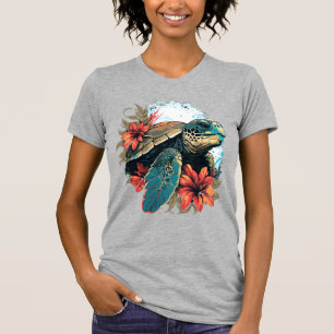 Turtle Hawaiian Sea Turtles Hibiscus Flower T-Shirt