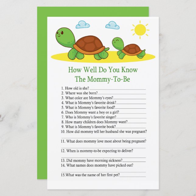 Turtle How well do you know baby shower game (Front/Back)