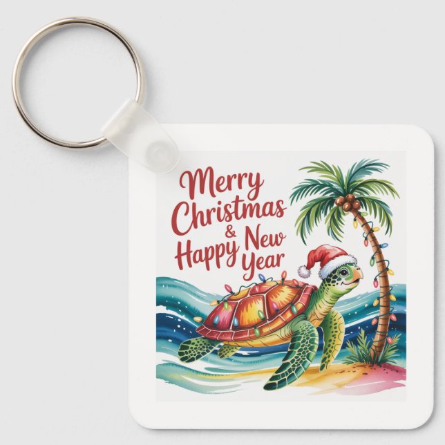 Turtle in Christmas Paradise Custom Key Ring (Front)