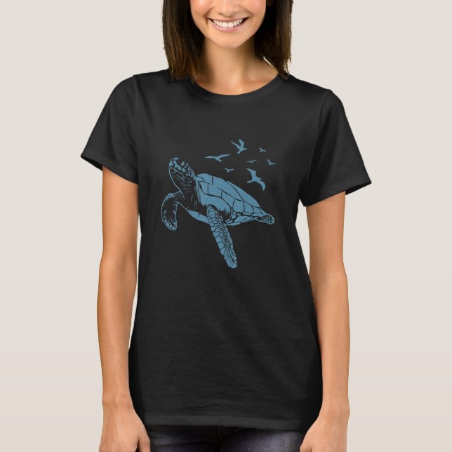 Turtle In Water With Birds In Sky T-Shirt (Front)