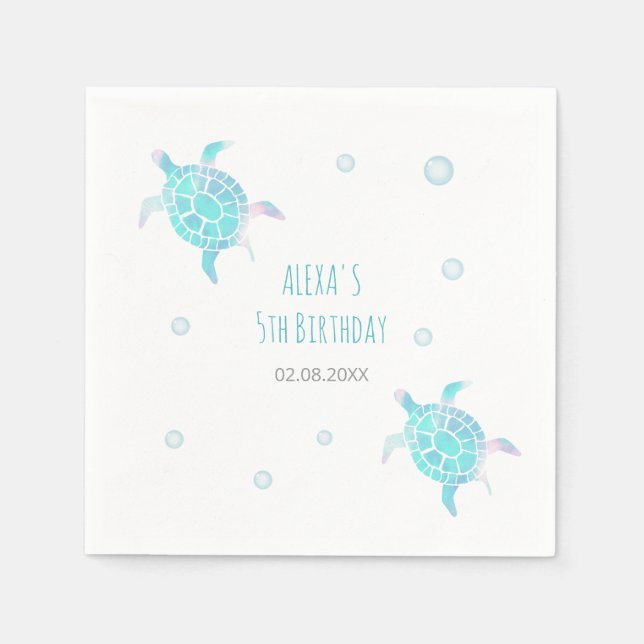 Turtle Kids Under The Sea Watercolor Pastel Party Napkin (Front)