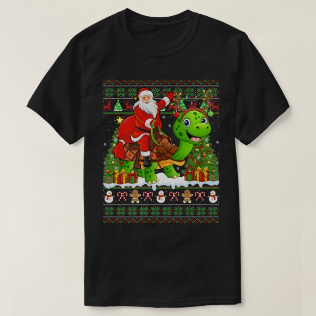 Turtle Lover Funny Ugly Santa Riding Turtle Christ T-Shirt (Design Front)