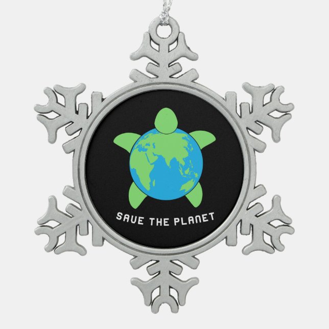 Turtle Lover | Save The Turtle Planet Snowflake Pewter Christmas Ornament (Front)