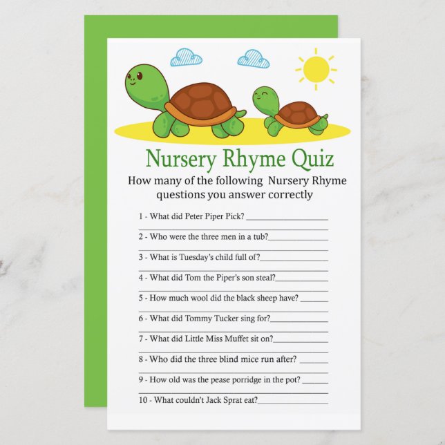 Turtle Nursery Rhyme Quiz baby shower game (Front/Back)