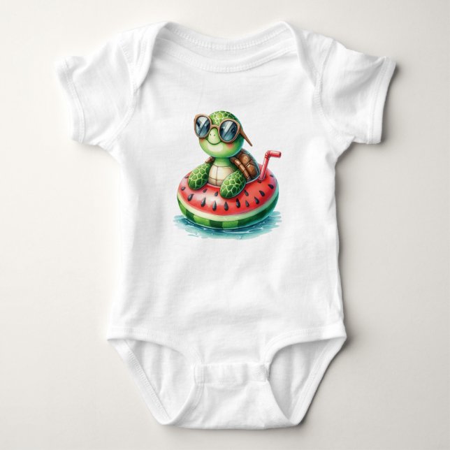 Turtle On A Watermelon Floaty Baby Bodysuit (Front)
