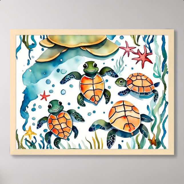 turtle painting little cute seaweed starfish ocean poster (turtle painting little cute seaweed starfish ocean)