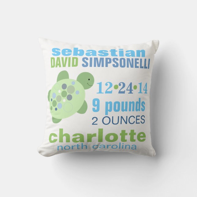 Turtle Reef Custom Birth Announcement Pillow (Front)