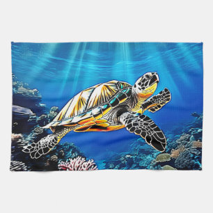 Turtle Reef Glow Design Tea Towel