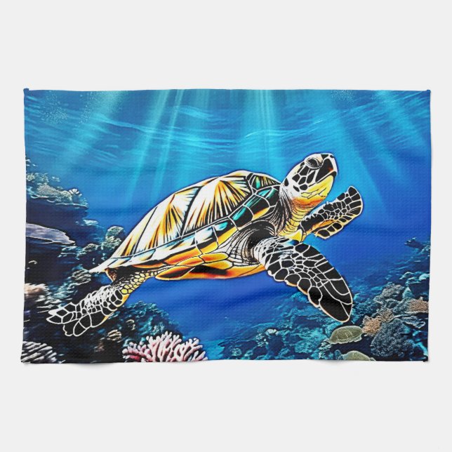 Turtle Reef Glow Design Tea Towel (Horizontal)