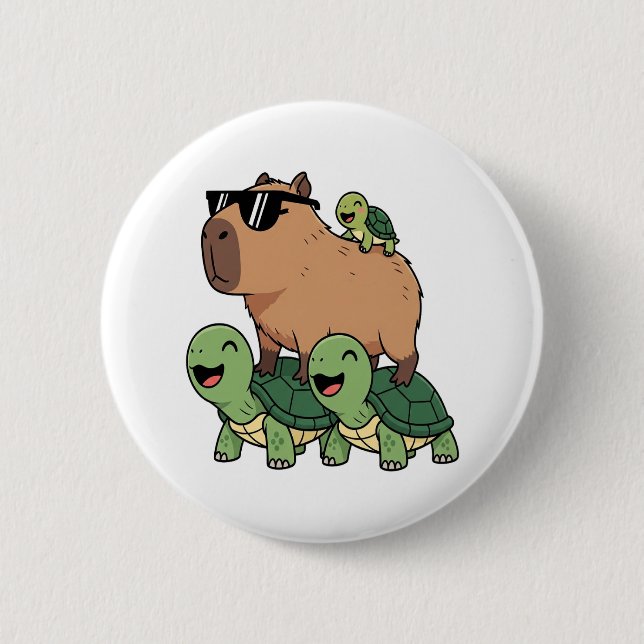 Turtle Ride Capybara, Funny Capybara 6 Cm Round Badge (Front)
