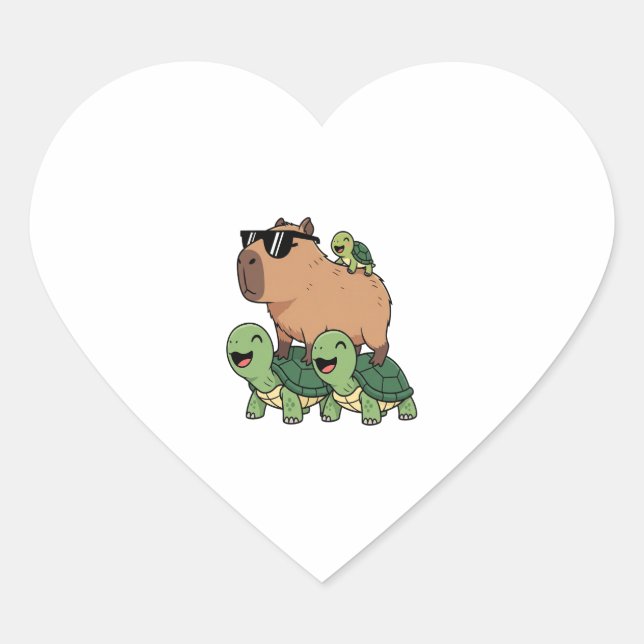 Turtle Ride Capybara, Funny Capybara Heart Sticker (Front)