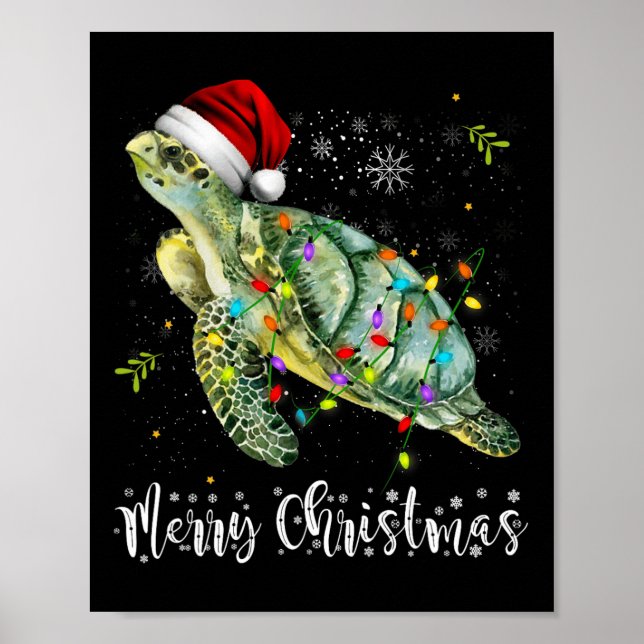 Turtle Santa Hat Merry Christmas Lights Xmas Holid Poster (Front)