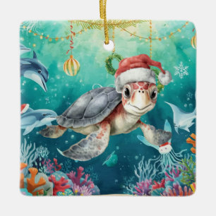 Turtle Santa Hat Under the Sea Christmas Party  Ceramic Ornament